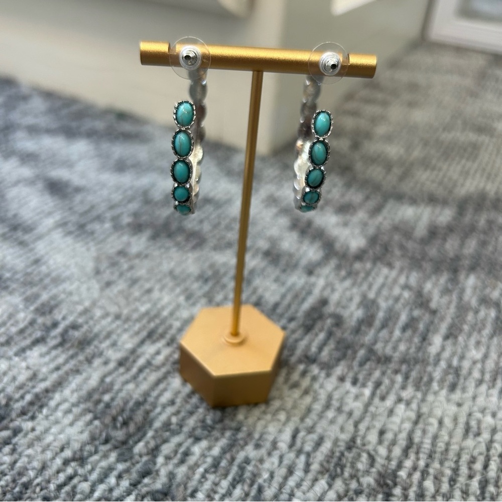 Turquoise Silver Rock Stone Inlay Hoop Southwest County Post Earrings✨ - Picture 5 of 8